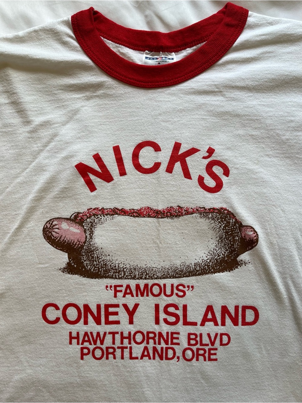 Vtg Nick’s Coney Island White Red Graphic Ringer T-shirt 90s size M Portland OR